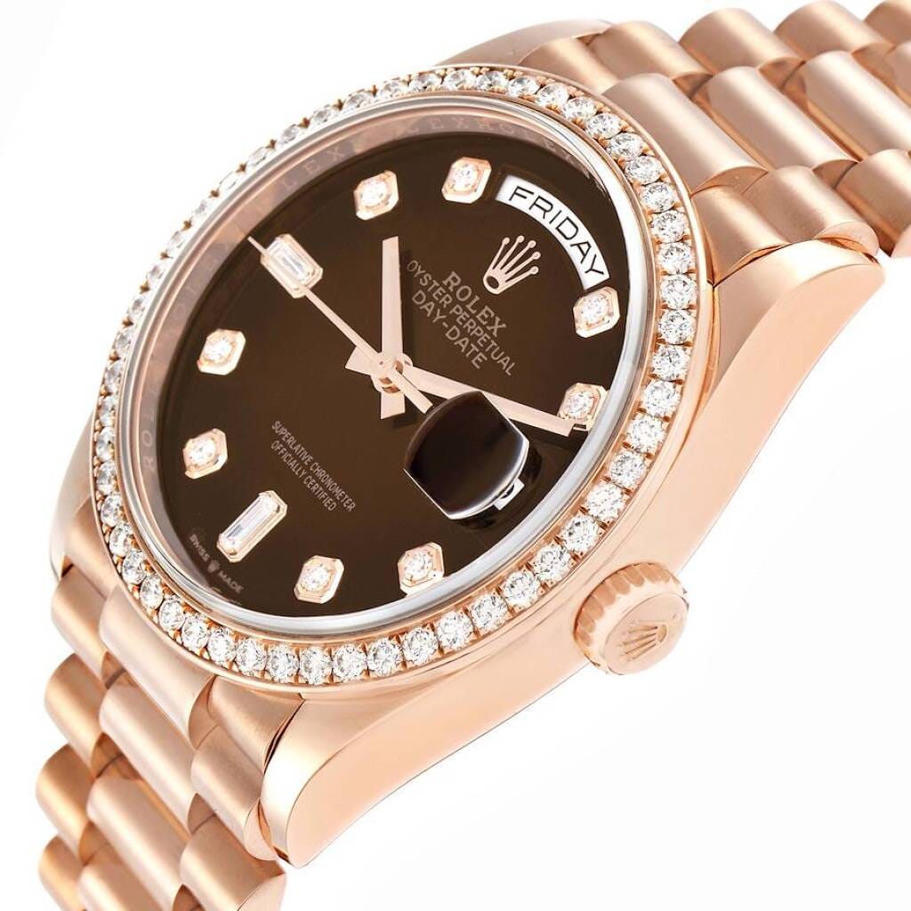President Day-Date (Reference 128345). A 36mm rose gold diamond-set automatic wristwatch with date and day.