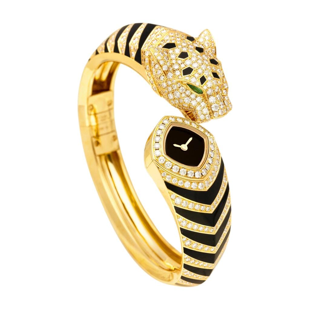 La Panthère de Cartier (Reference HPI01219). A 18mm yellow gold diamond and emerald-set quartz bangle watch. 2018
