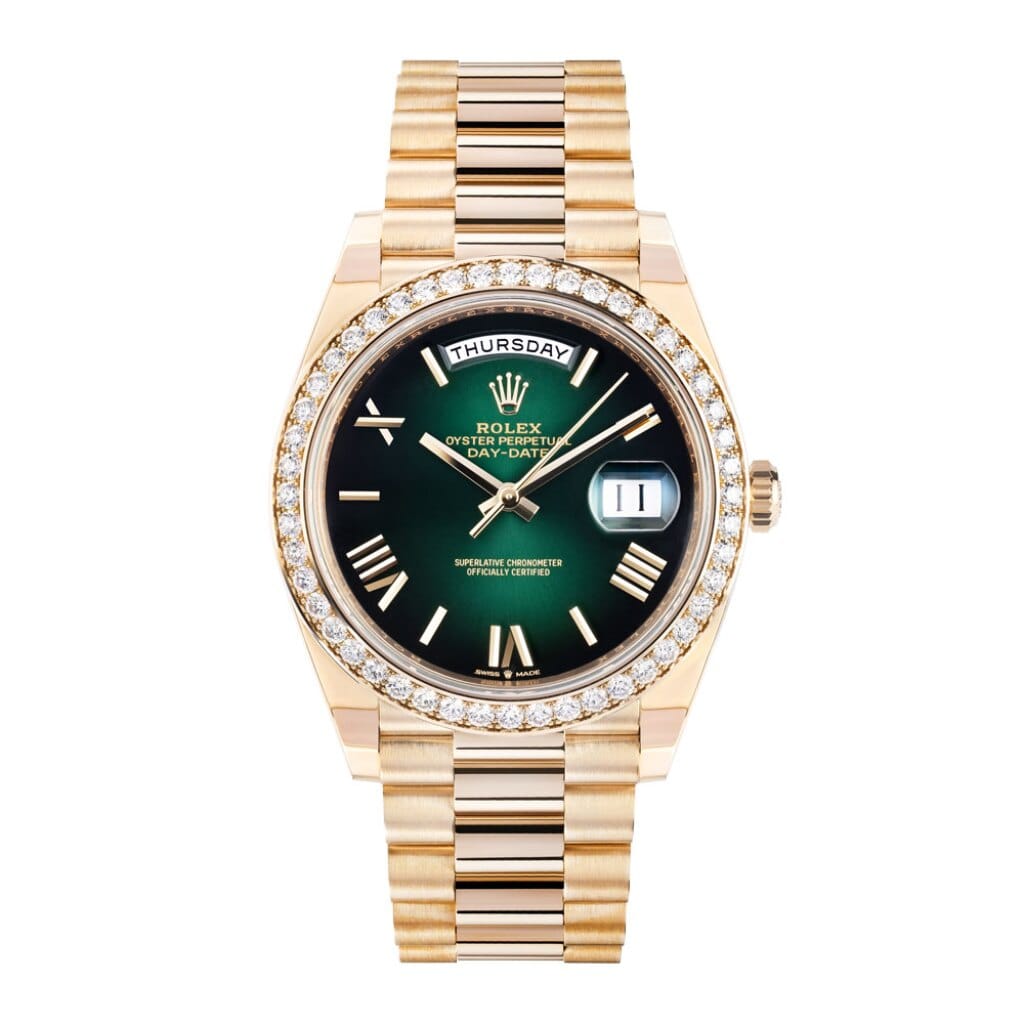 President Day-Date (Reference 228348RBR). A 40mm unworn yellow gold diamond-set automatic wristwatch with day and date. 2024