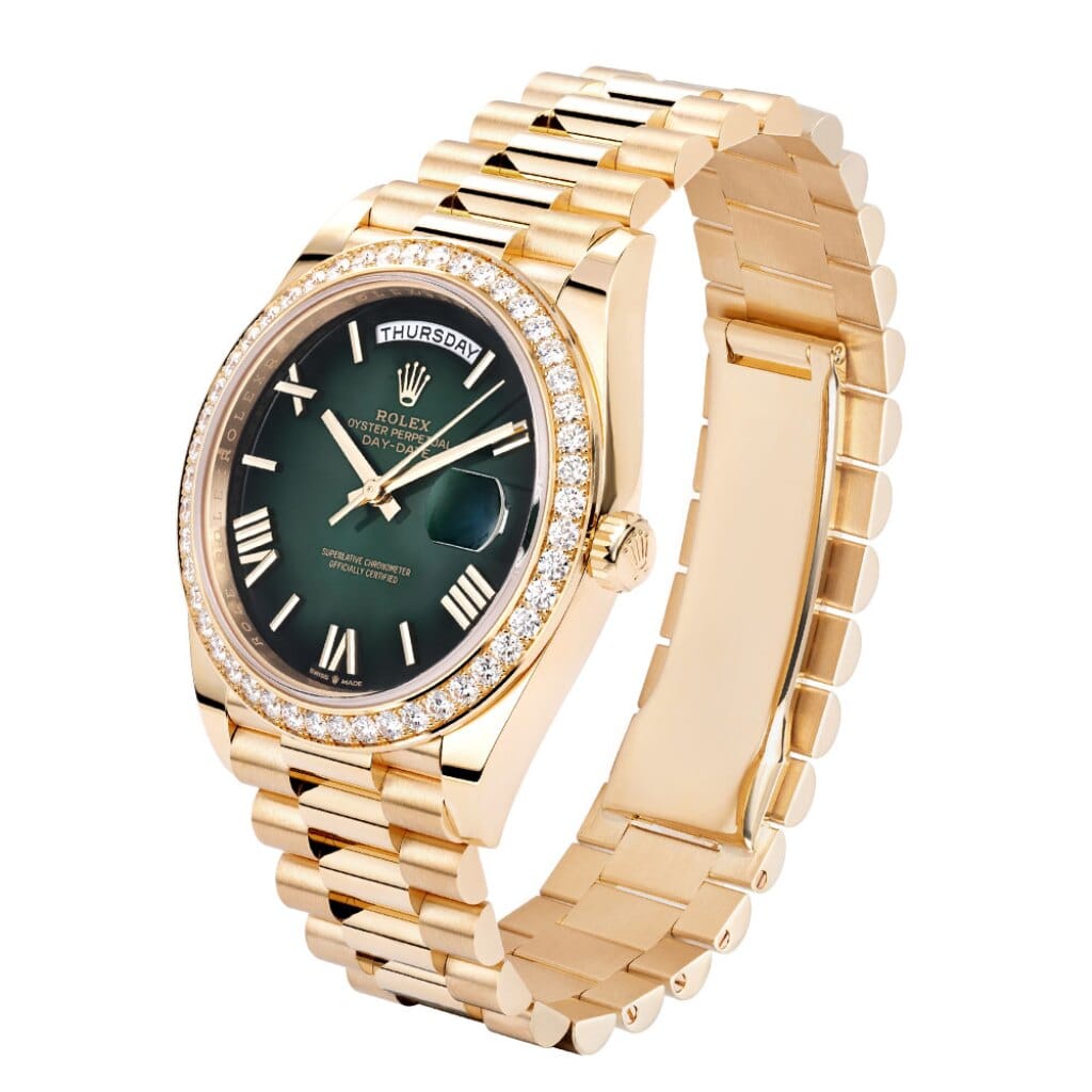 President Day-Date (Reference 228348RBR). A 40mm unworn yellow gold diamond-set automatic wristwatch with day and date. 2024