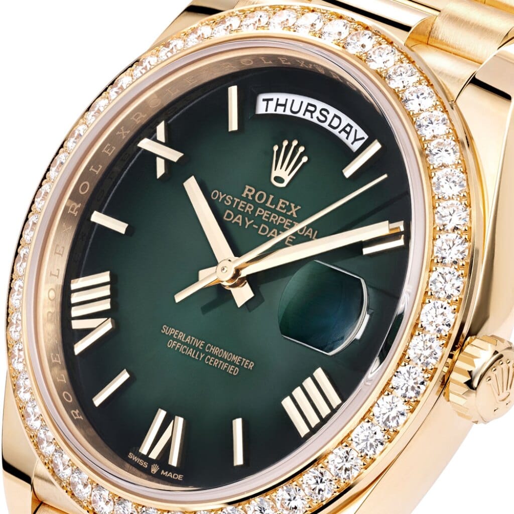 President Day-Date (Reference 228348RBR). A 40mm unworn yellow gold diamond-set automatic wristwatch with day and date. 2024