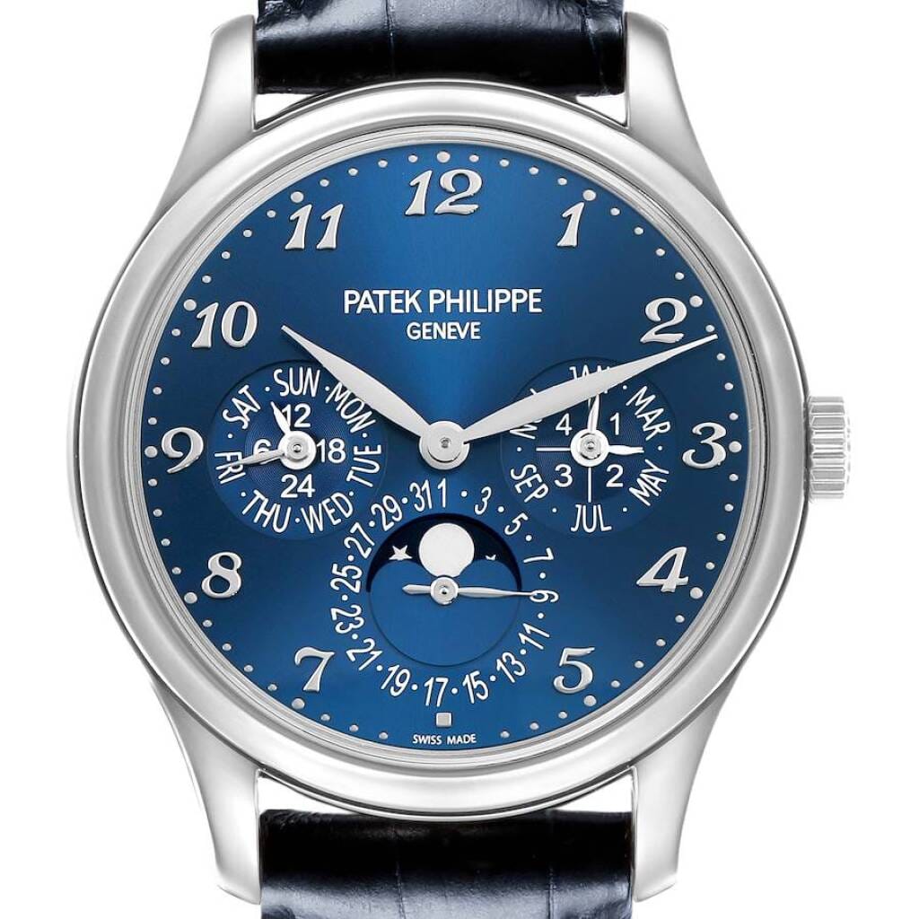Grand Complications (Reference 5327G-001). A 39mm white gold automatic wristwatch with date, day, month, moon phase, 12 hour-format, leap year, and perpetual calendar. 2019