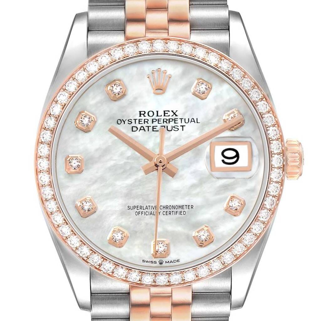 Datejust (Reference 126281RBR). A 36mm rose gold stainless steel diamond-set automatic wristwatch with date.