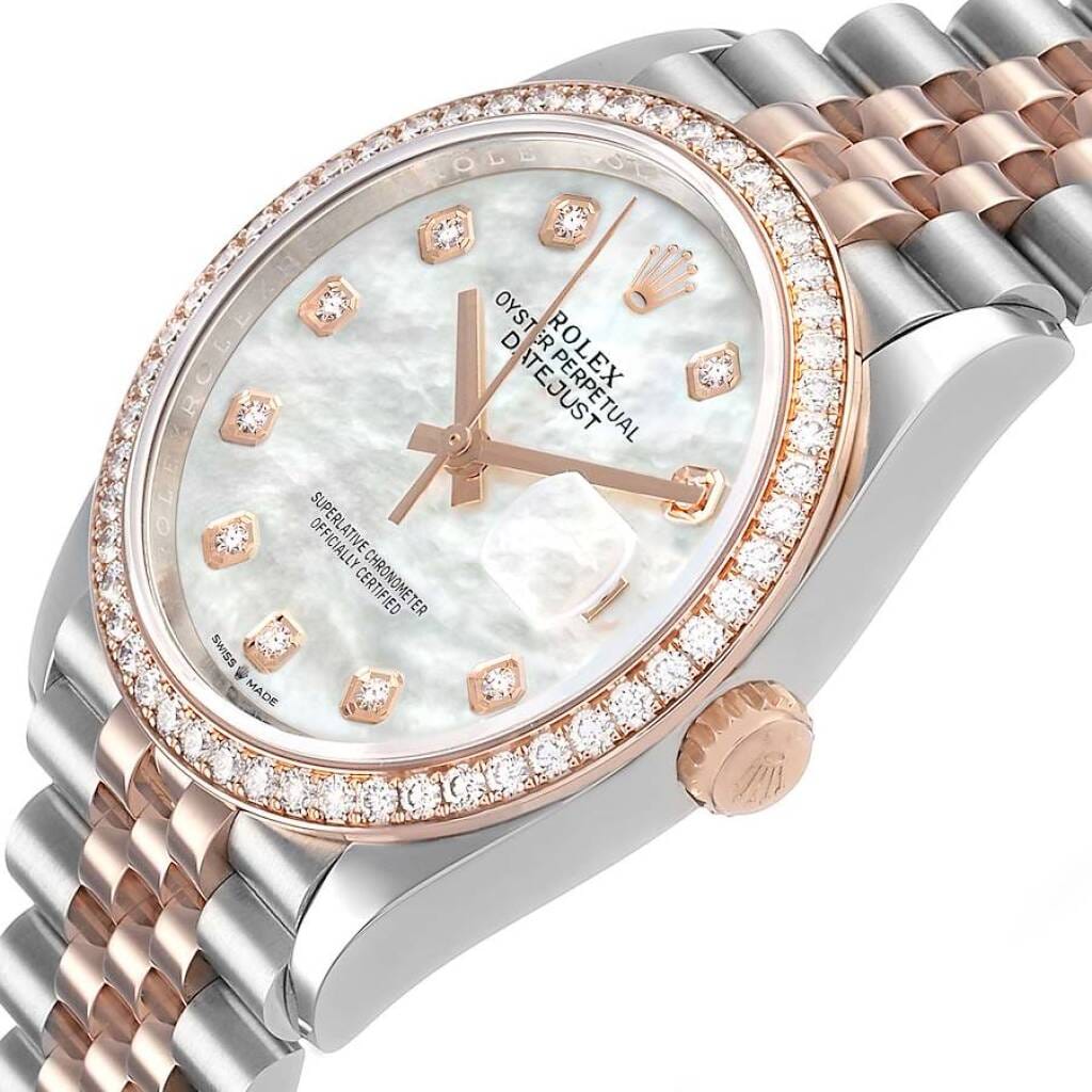 Datejust (Reference 126281RBR). A 36mm rose gold stainless steel diamond-set automatic wristwatch with date.