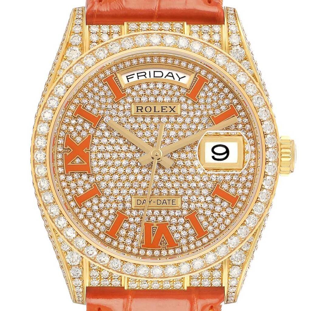 President Day-Date (Reference 128158RBR). A 36mm yellow gold diamond-set automatic wristwatch with date and day. 2024
