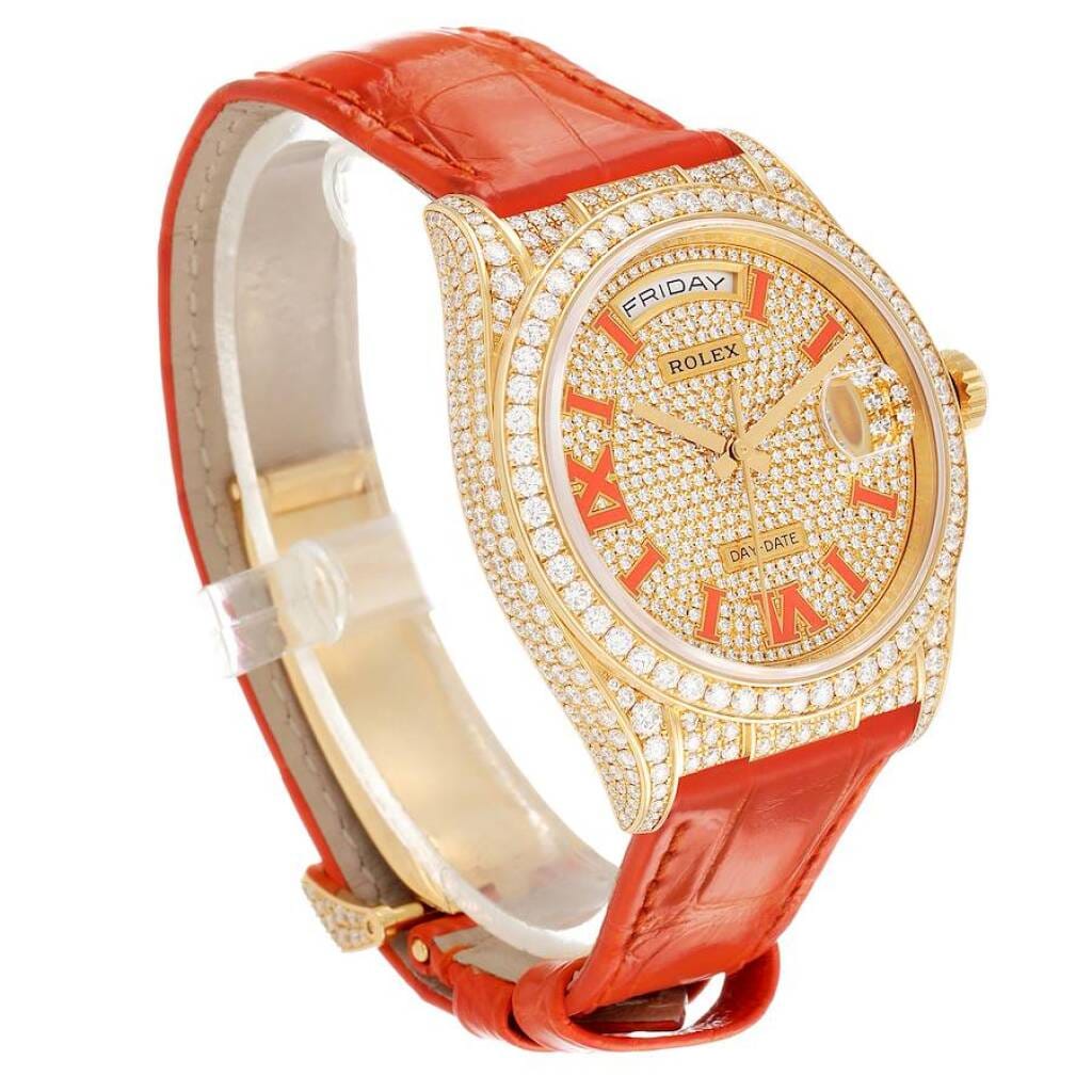 President Day-Date (Reference 128158RBR). A 36mm yellow gold diamond-set automatic wristwatch with date and day. 2024