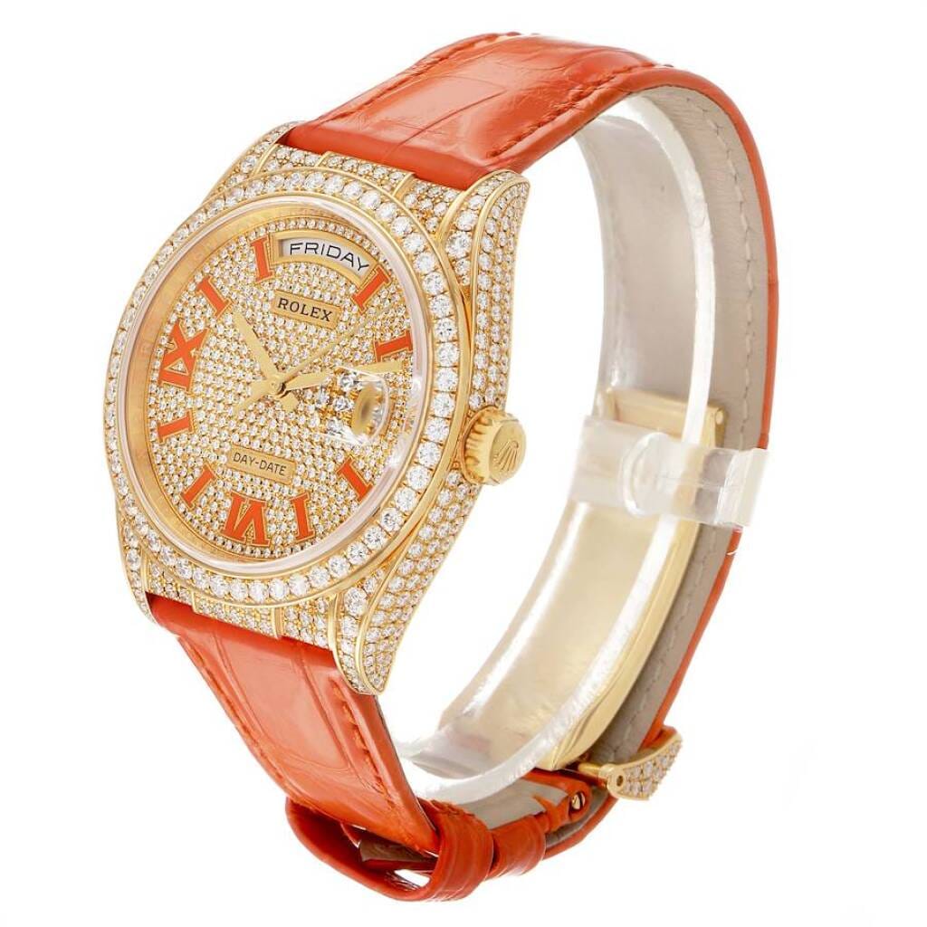 President Day-Date (Reference 128158RBR). A 36mm yellow gold diamond-set automatic wristwatch with date and day. 2024