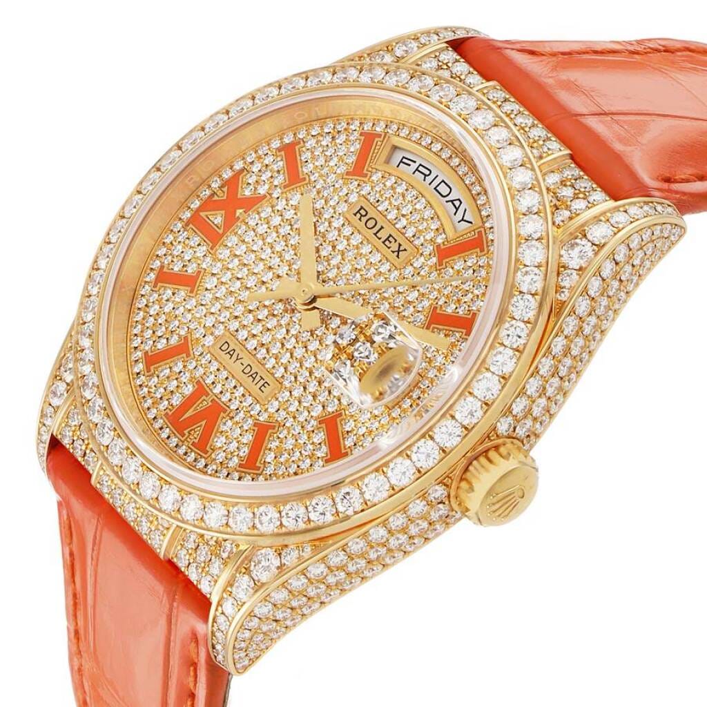 President Day-Date (Reference 128158RBR). A 36mm yellow gold diamond-set automatic wristwatch with date and day. 2024