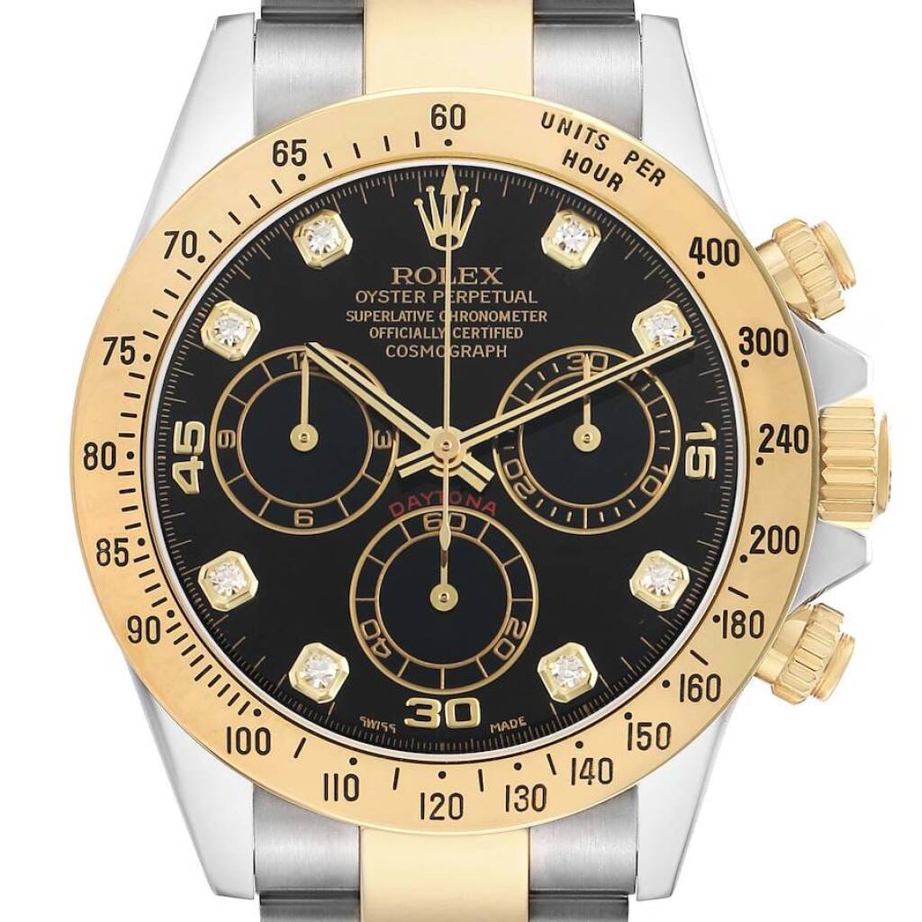 Cosmograph Daytona (Reference 116523). A 40mm yellow gold stainless steel diamond-set automatic wristwatch with chronograph.