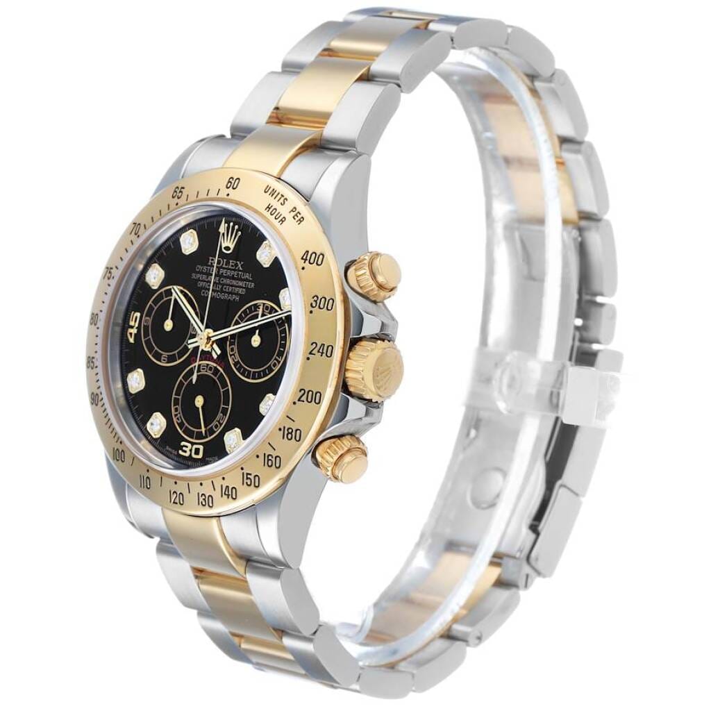 Cosmograph Daytona (Reference 116523). A 40mm yellow gold stainless steel diamond-set automatic wristwatch with chronograph.