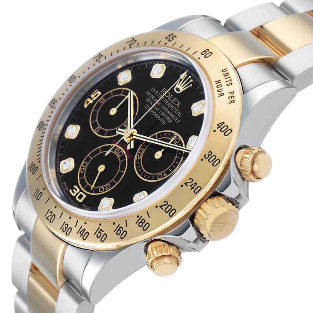 Cosmograph Daytona (Reference 116523). A 40mm yellow gold stainless steel diamond-set automatic wristwatch with chronograph.