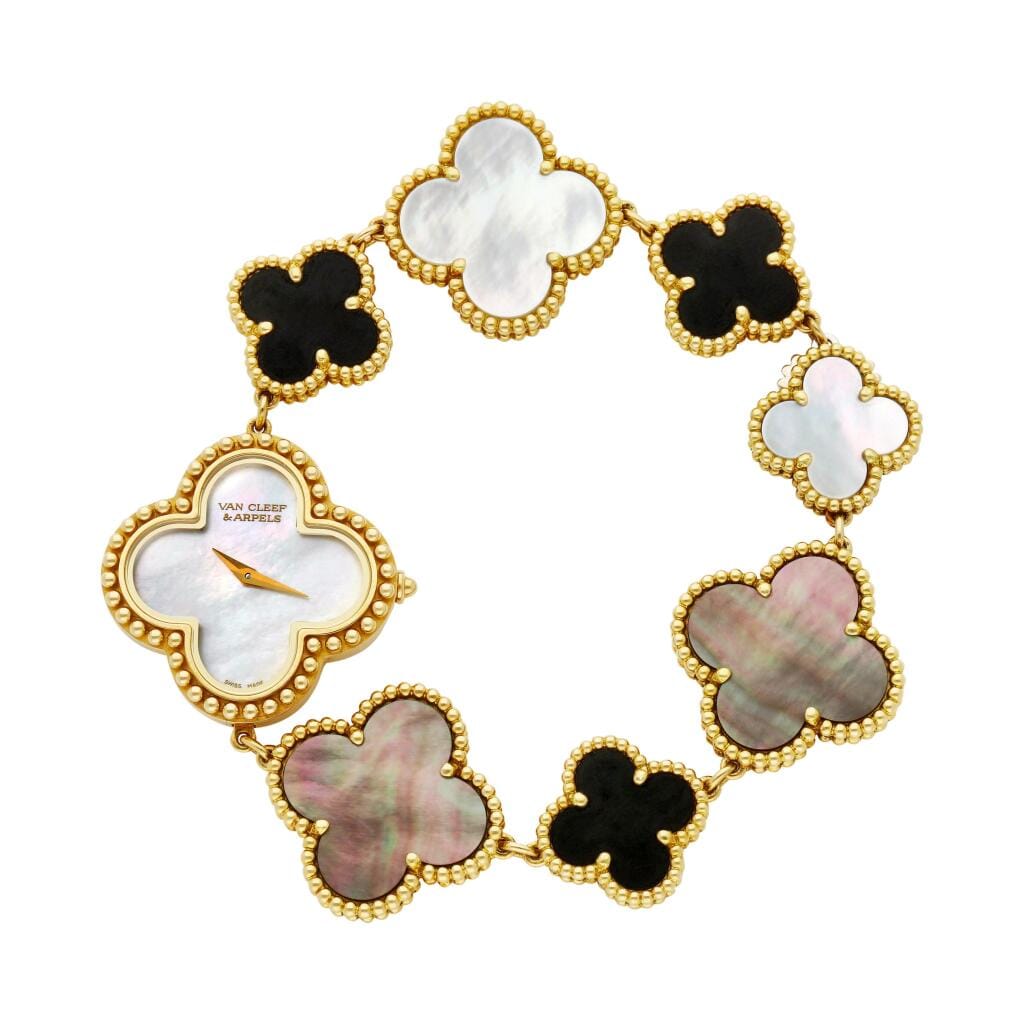 Alhambra (Reference 136674). A yellow gold, mother-of-pearl and onyx set quartz bracelet watch. Circa 2018