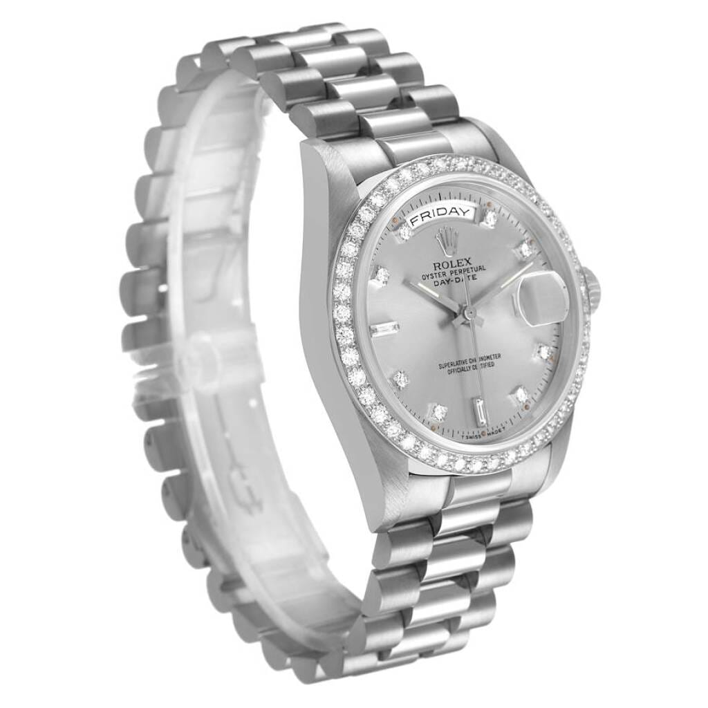 President Day-Date (Reference 18349). A 36mm white gold diamond-set automatic wristwatch with date and day. 1991-1992