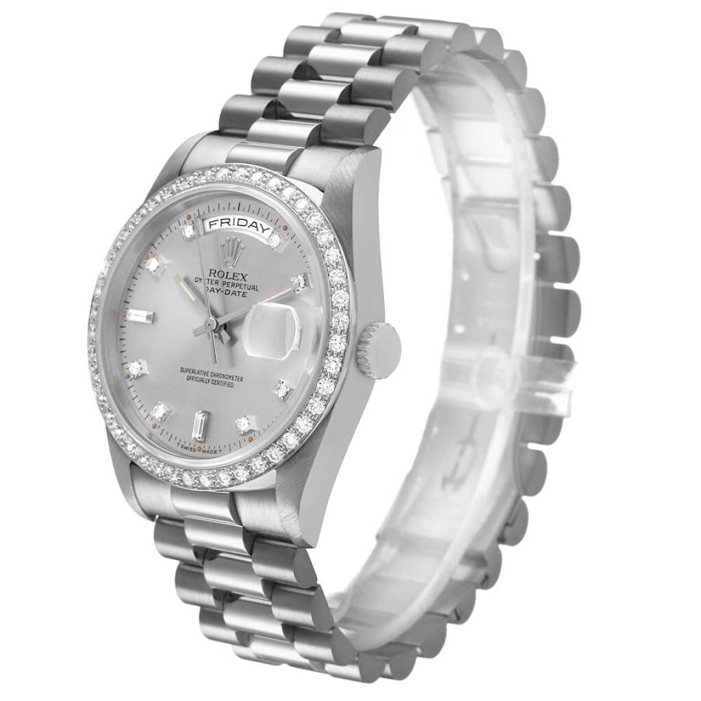 President Day-Date (Reference 18349). A 36mm white gold diamond-set automatic wristwatch with date and day. 1991-1992