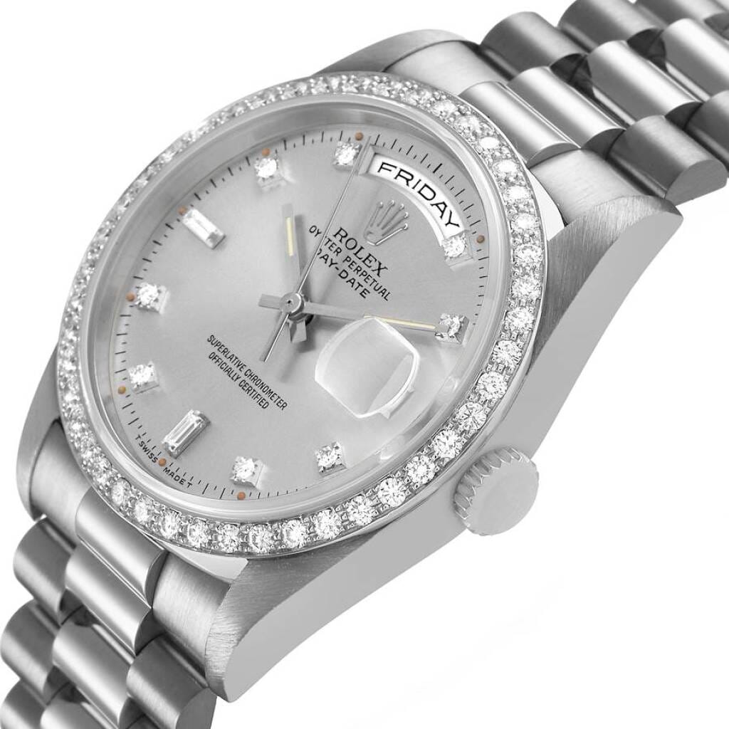 President Day-Date (Reference 18349). A 36mm white gold diamond-set automatic wristwatch with date and day. 1991-1992