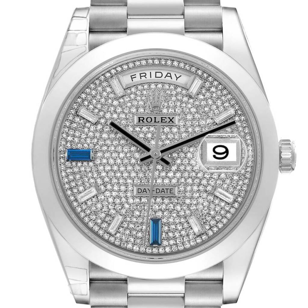 President Day-Date (Reference 228206). A 40mm platinum & diamond sapphire-set automatic wristwatch with date and day. 2022