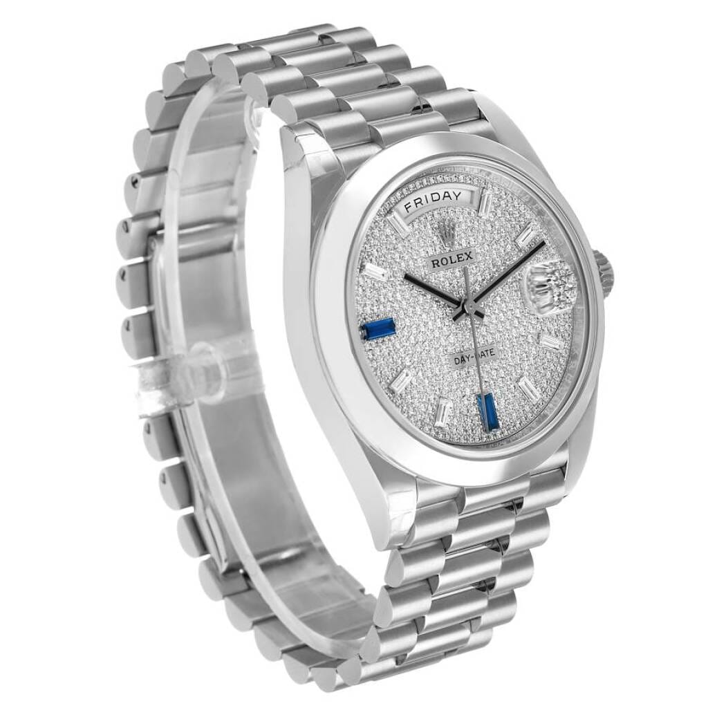 President Day-Date (Reference 228206). A 40mm platinum & diamond sapphire-set automatic wristwatch with date and day. 2022