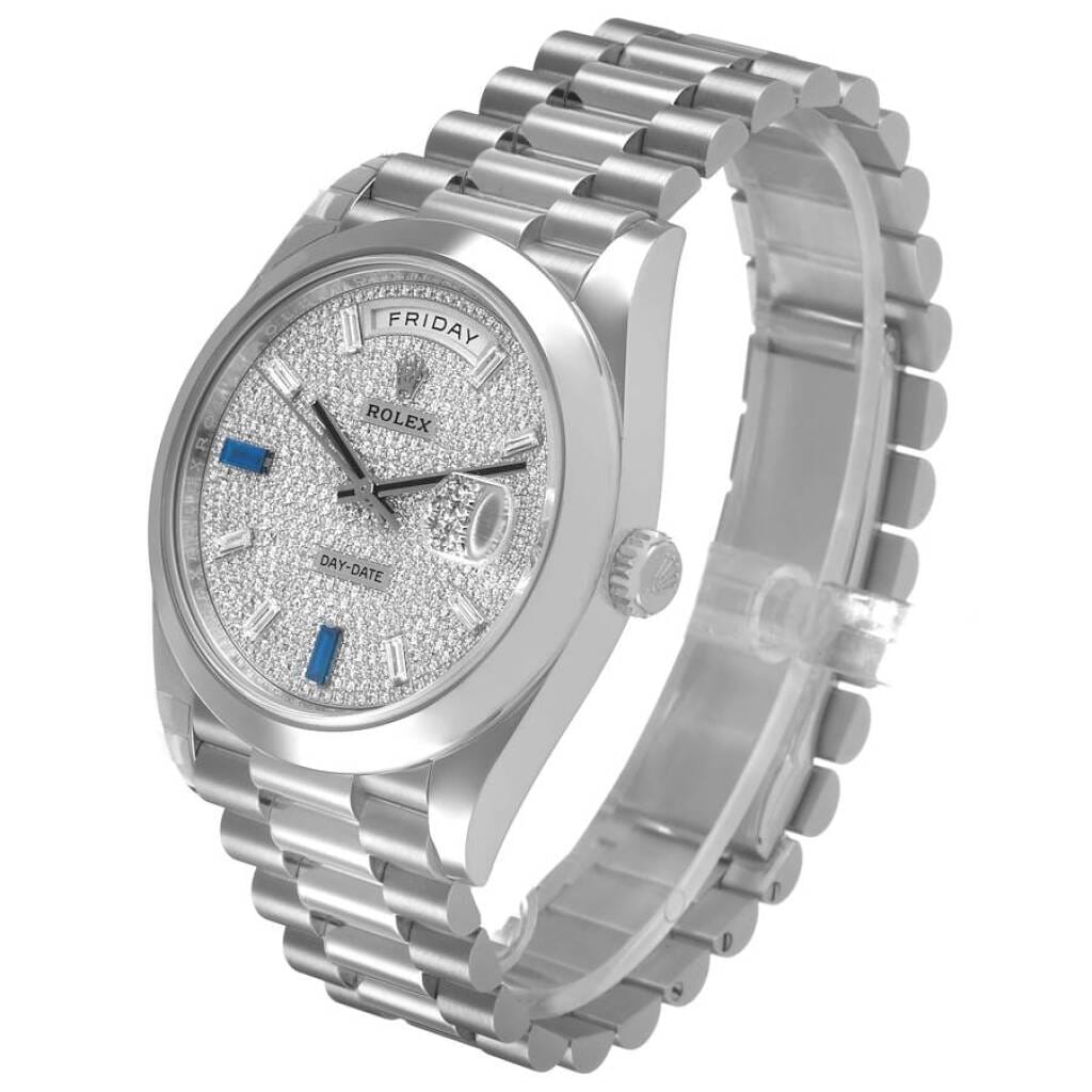 President Day-Date (Reference 228206). A 40mm platinum & diamond sapphire-set automatic wristwatch with date and day. 2022