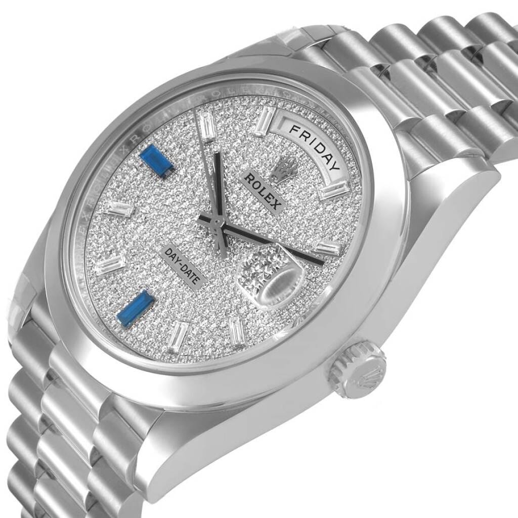 President Day-Date (Reference 228206). A 40mm platinum & diamond sapphire-set automatic wristwatch with date and day. 2022