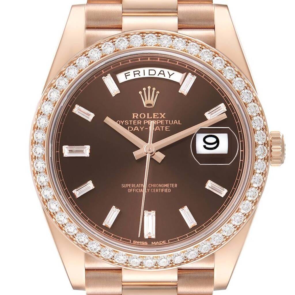 President Day-Date (Reference 228345). A 40mm rose gold diamond-set automatic wristwatch with date and day.