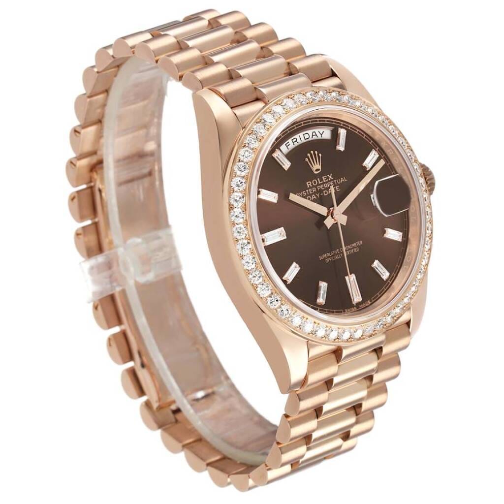 President Day-Date (Reference 228345). A 40mm rose gold diamond-set automatic wristwatch with date and day.