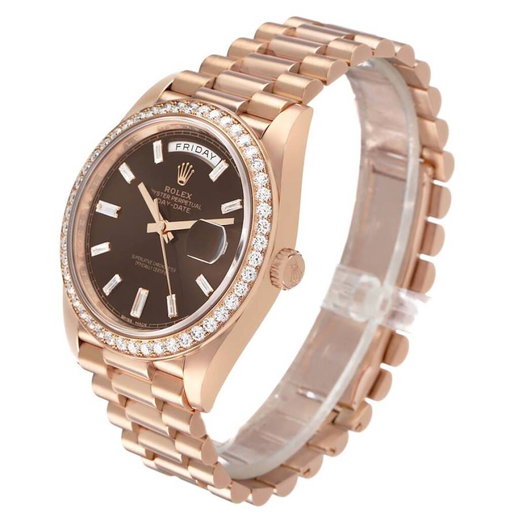 President Day-Date (Reference 228345). A 40mm rose gold diamond-set automatic wristwatch with date and day.