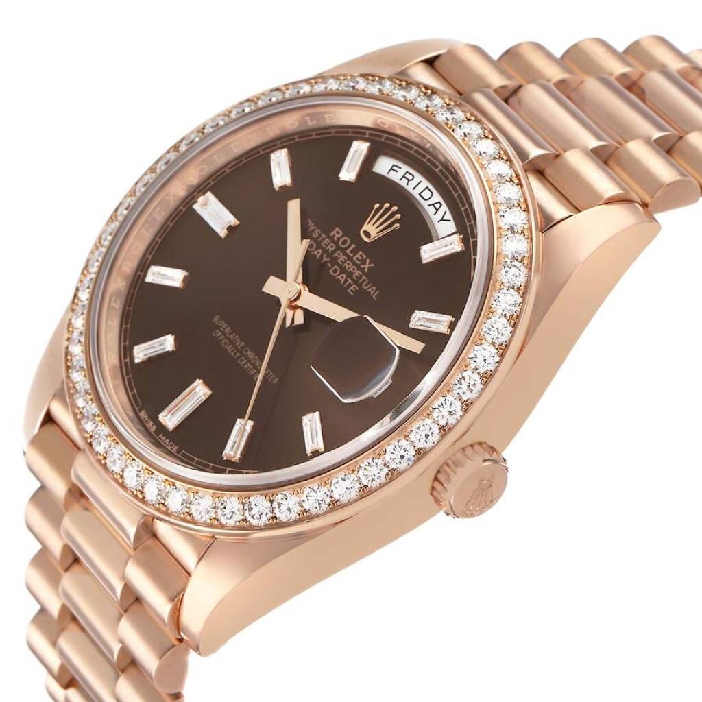 President Day-Date (Reference 228345). A 40mm rose gold diamond-set automatic wristwatch with date and day.