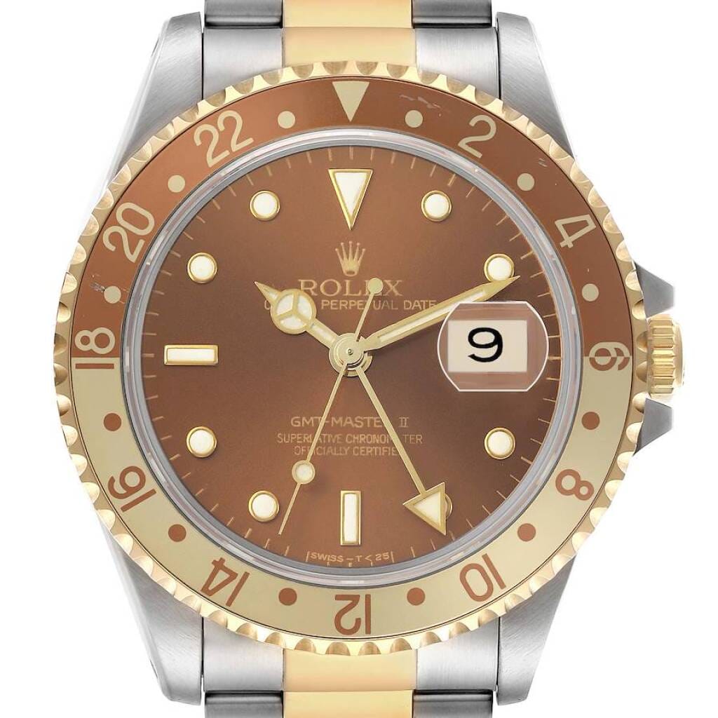 GMT-Master II 'Root Beer' (Reference 16713). A 40mm yellow gold stainless steel automatic wristwatch with date and dual time. 1991-1992