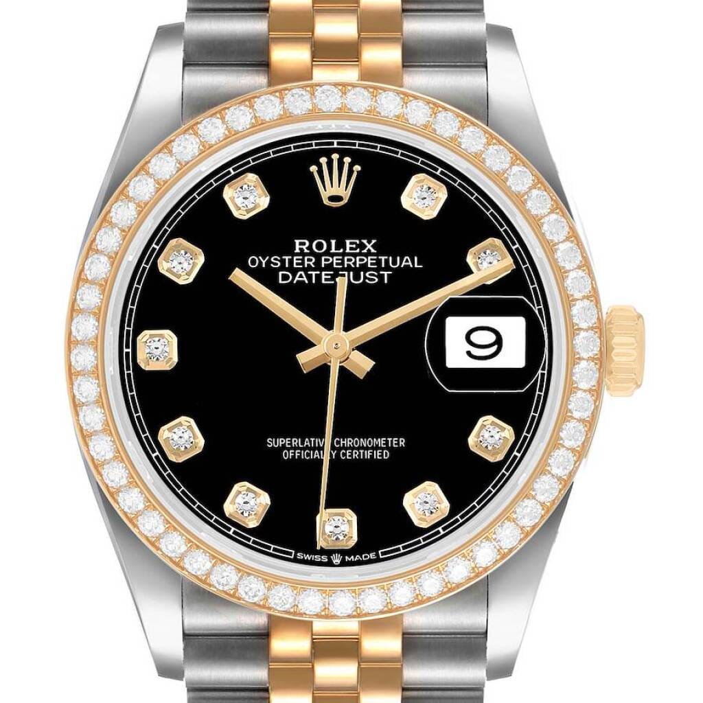 Datejust (Reference 126283). A 36mm yellow gold stainless steel diamond-set automatic wristwatch with date.