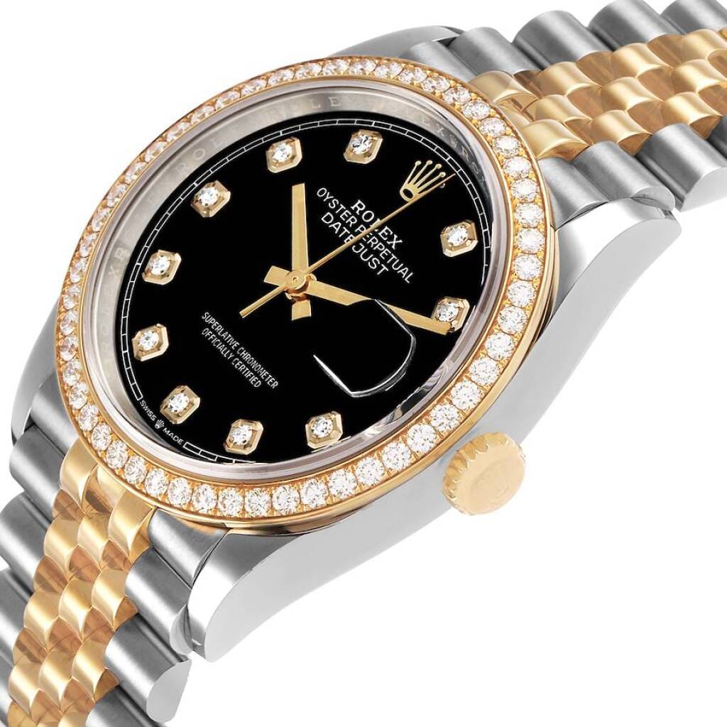 Datejust (Reference 126283). A 36mm yellow gold stainless steel diamond-set automatic wristwatch with date.