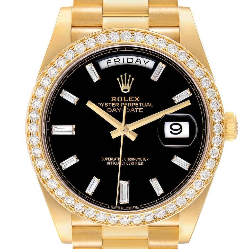 President Day-Date (Reference 228348). A 40mm yellow gold diamond-set automatic wristwatch with date and day.