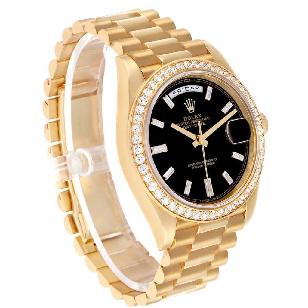 President Day-Date (Reference 228348). A 40mm yellow gold diamond-set automatic wristwatch with date and day.