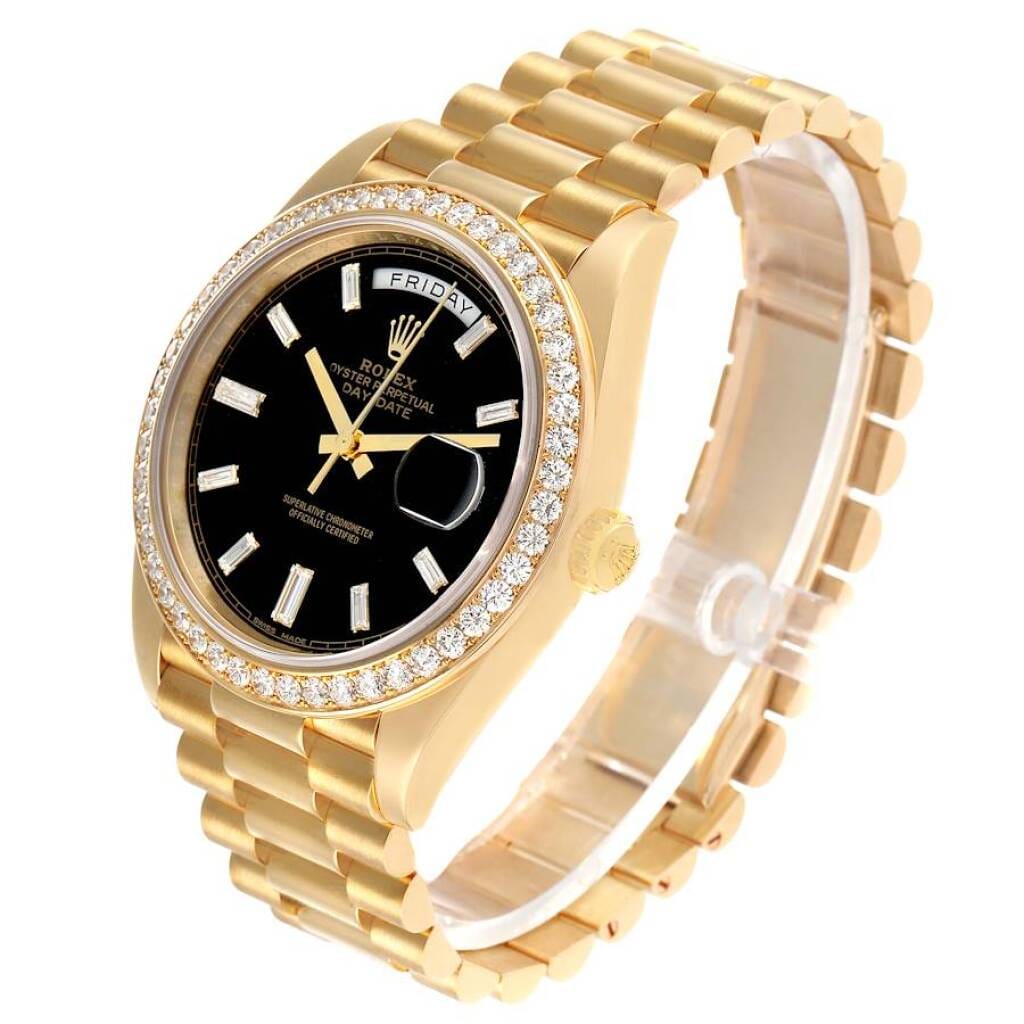 President Day-Date (Reference 228348). A 40mm yellow gold diamond-set automatic wristwatch with date and day.