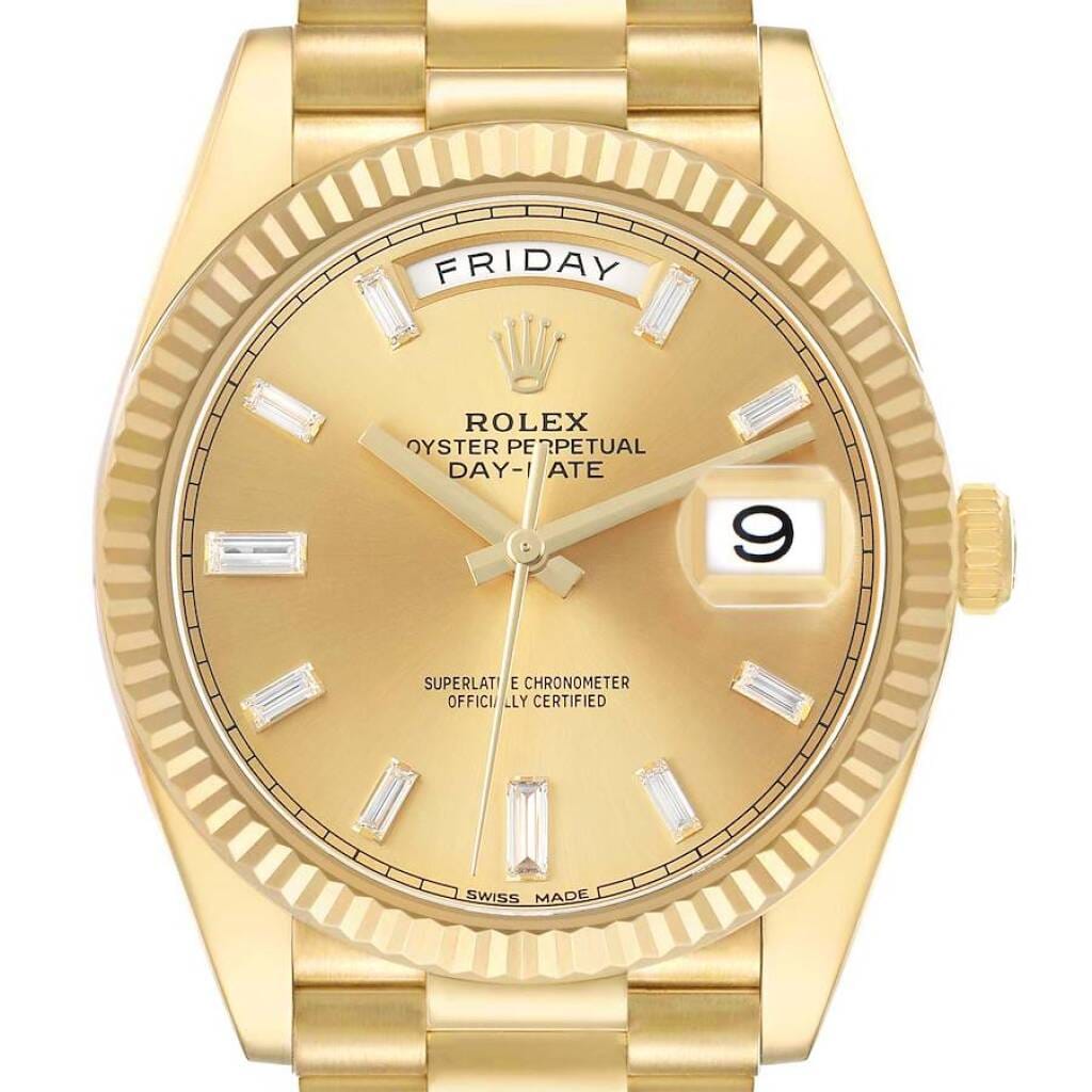 President Day-Date (Reference 228238). A 40mm yellow gold diamond-set automatic wristwatch with date and day. 2018