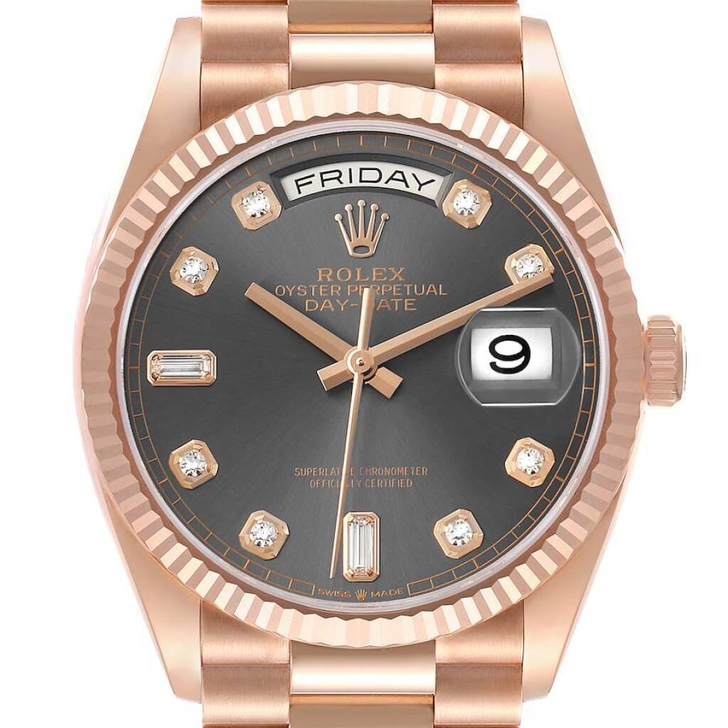 President Day-Date (Reference 128235). A 36mm rose gold diamond-set automatic wristwatch with date and day. 2023