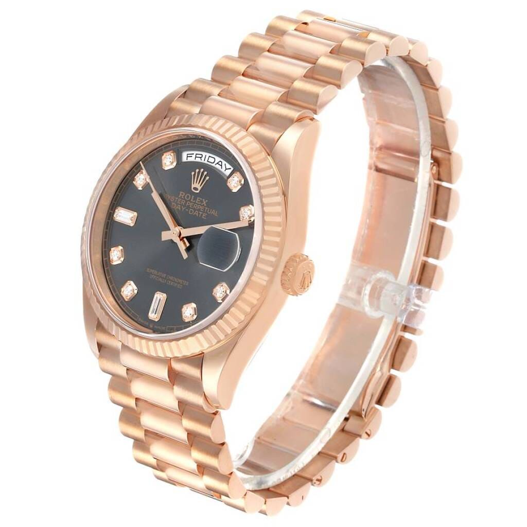 President Day-Date (Reference 128235). A 36mm rose gold diamond-set automatic wristwatch with date and day. 2023