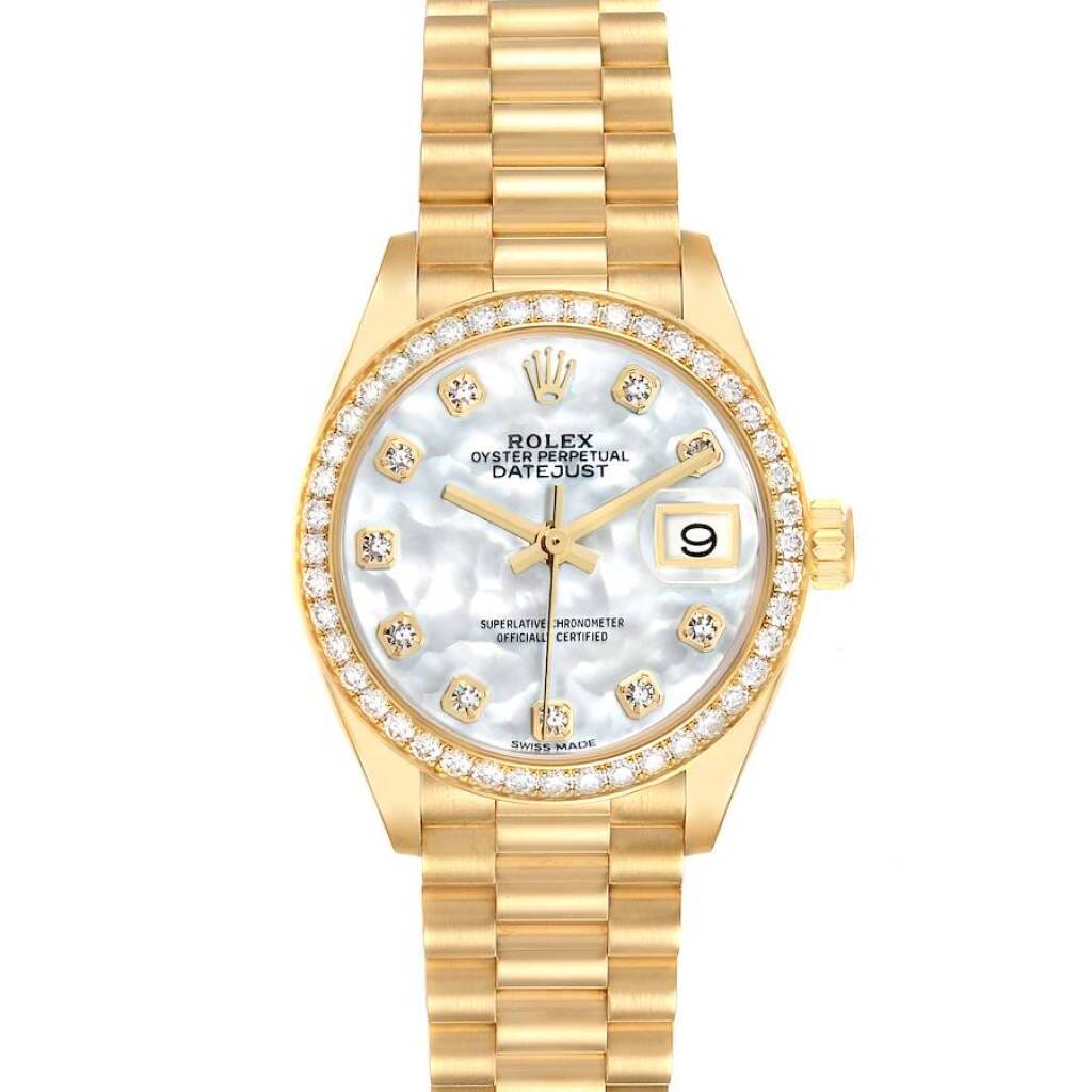 President Datejust (Reference 279138). A 28mm yellow gold diamond-set automatic wristwatch with date.