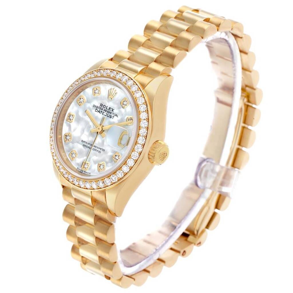 President Datejust (Reference 279138). A 28mm yellow gold diamond-set automatic wristwatch with date.