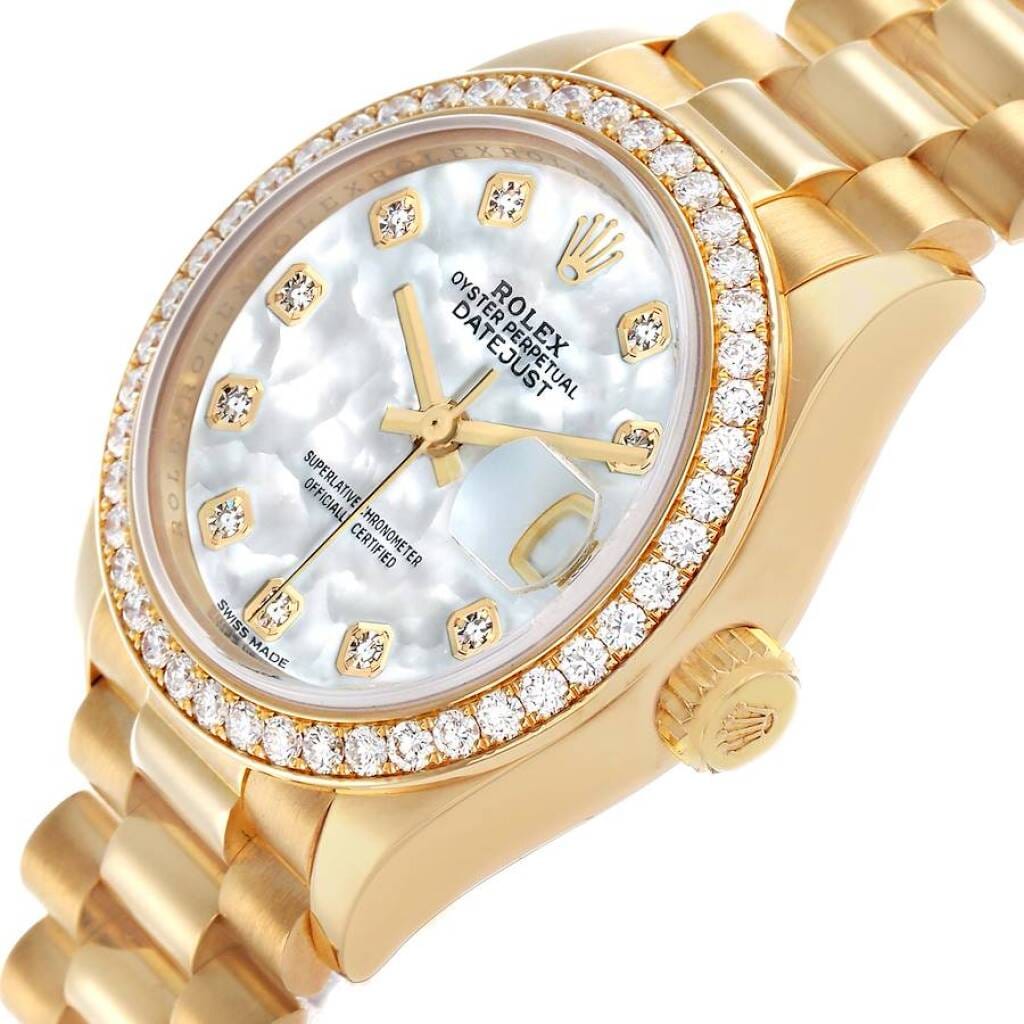 President Datejust (Reference 279138). A 28mm yellow gold diamond-set automatic wristwatch with date.