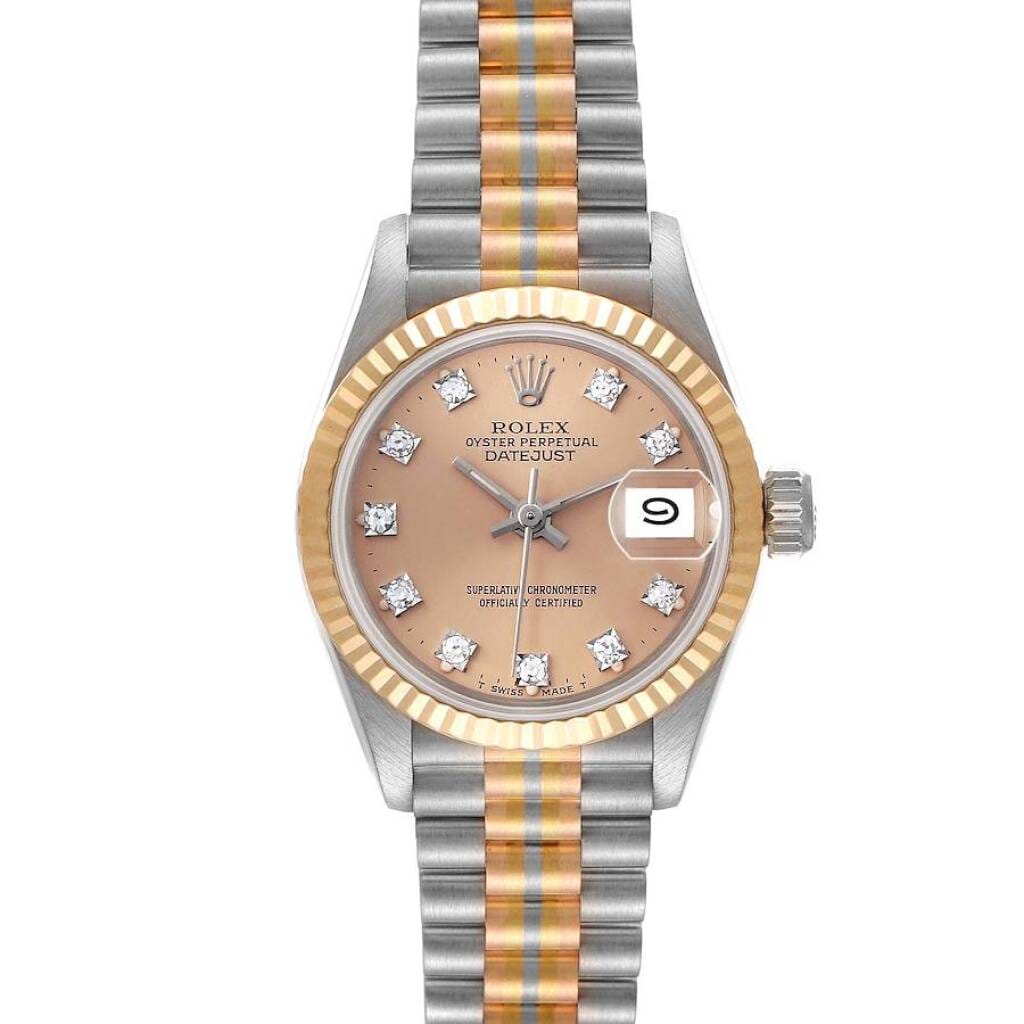 President Datejust 'Tridor' (Reference 69179). A 26mm tri-color gold diamond-set automatic wristwatch with date. 1987-1988