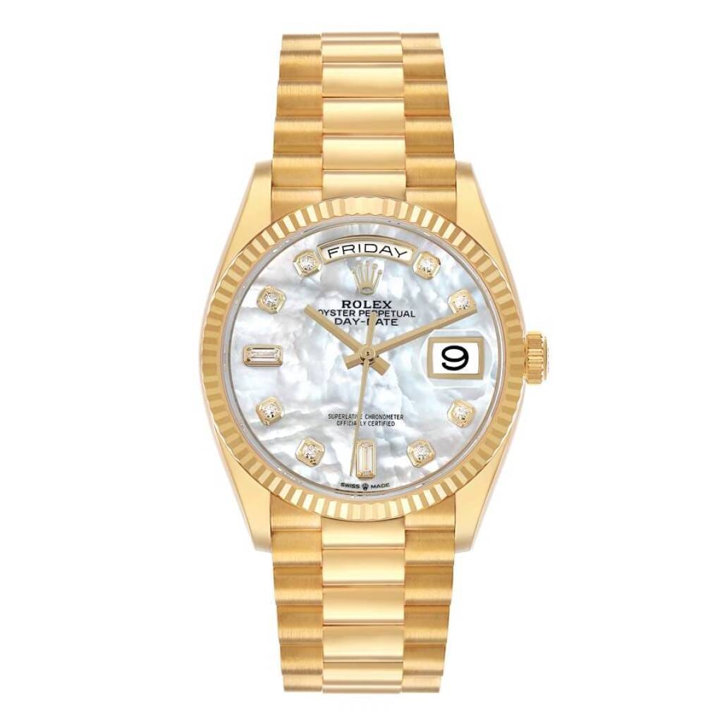 President Day-Date (Reference 128238). A 36mm yellow gold diamond-set automatic wristwatch with date and day. 2020