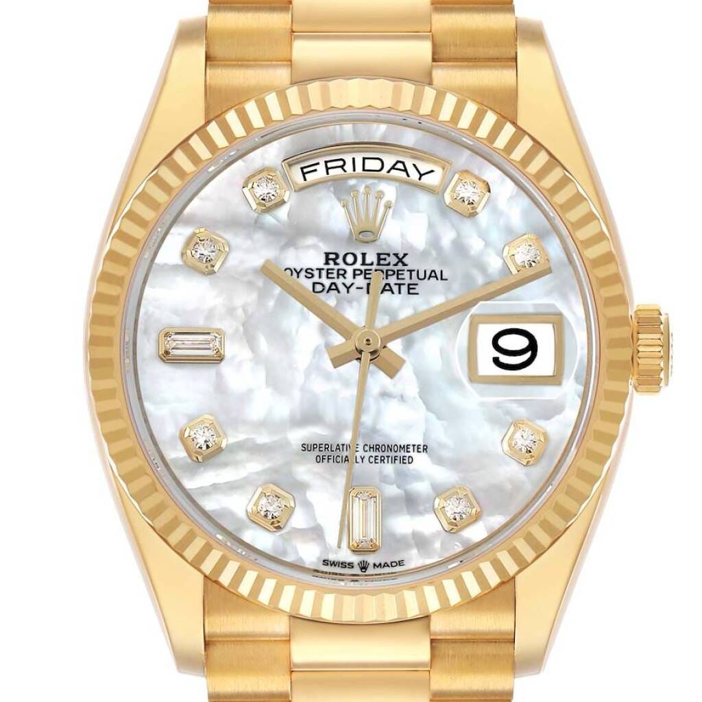 President Day-Date (Reference 128238). A 36mm yellow gold diamond-set automatic wristwatch with date and day. 2020