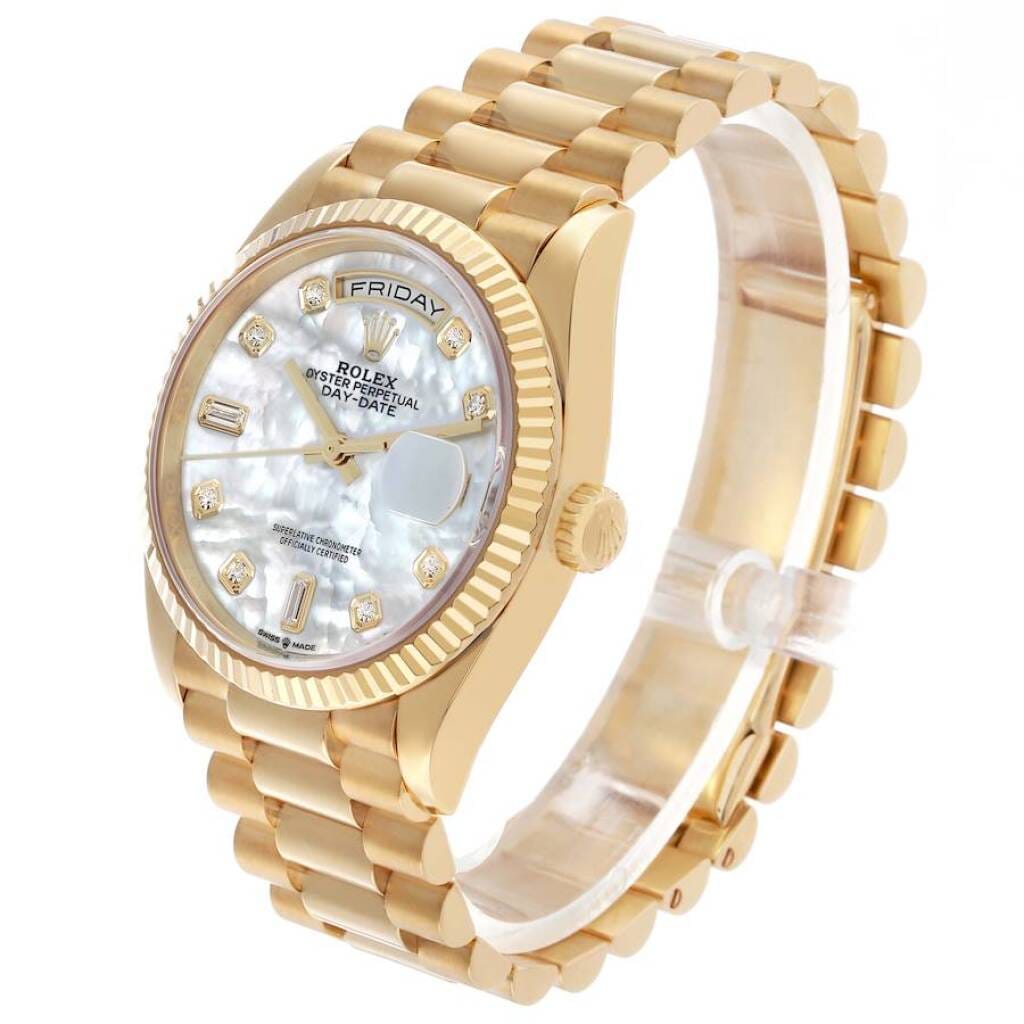 President Day-Date (Reference 128238). A 36mm yellow gold diamond-set automatic wristwatch with date and day. 2020