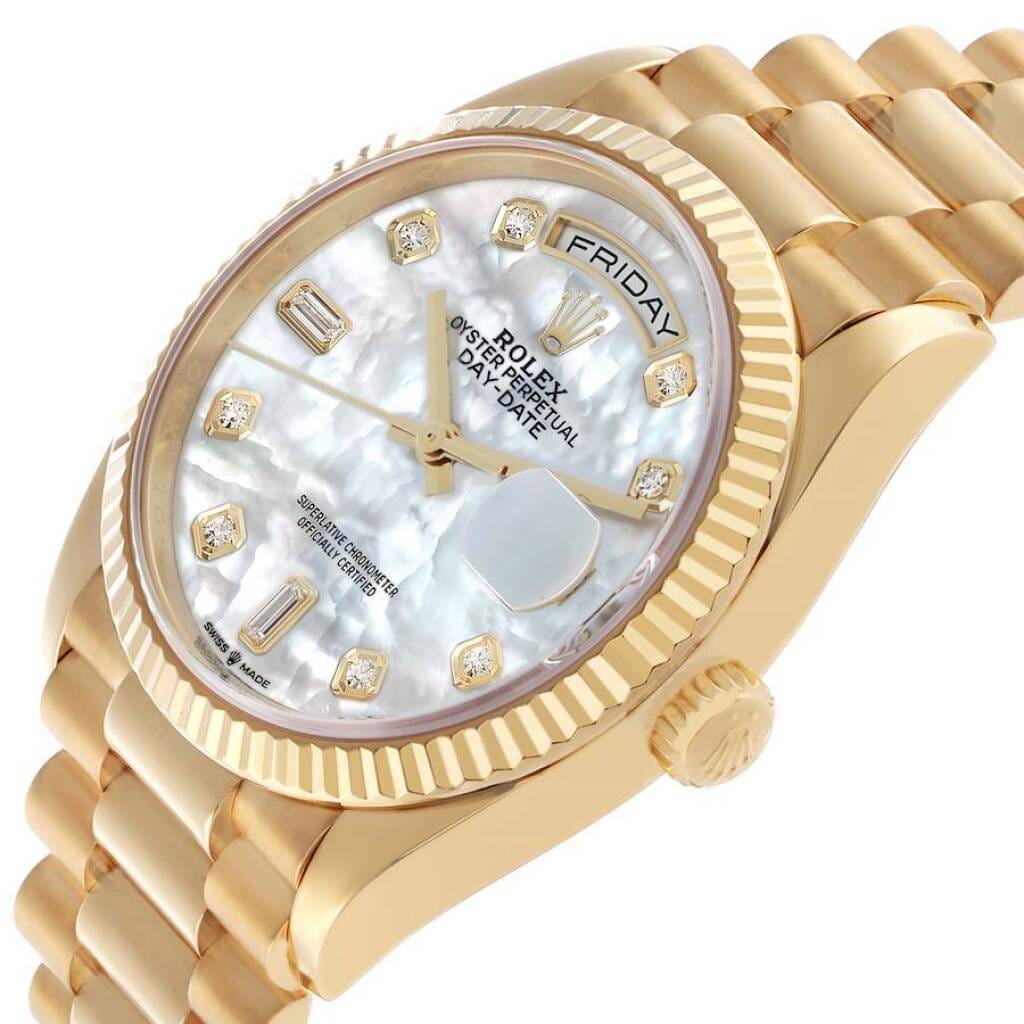 President Day-Date (Reference 128238). A 36mm yellow gold diamond-set automatic wristwatch with date and day. 2020