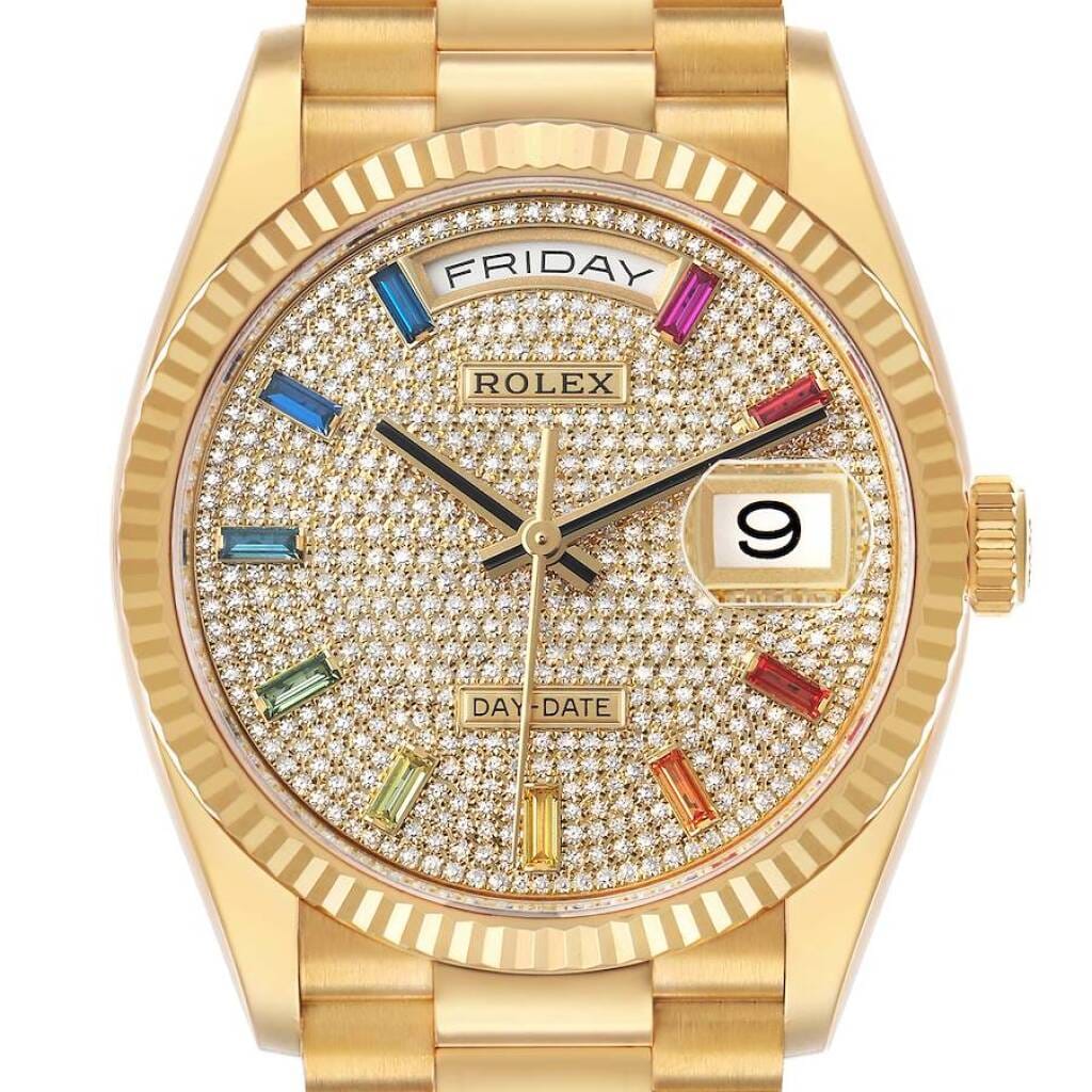 President Day-Date 'Pave Rainbow' (Reference 128238). A 36mm yellow gold diamond gem-set automatic wristwatch with date and day. 2021