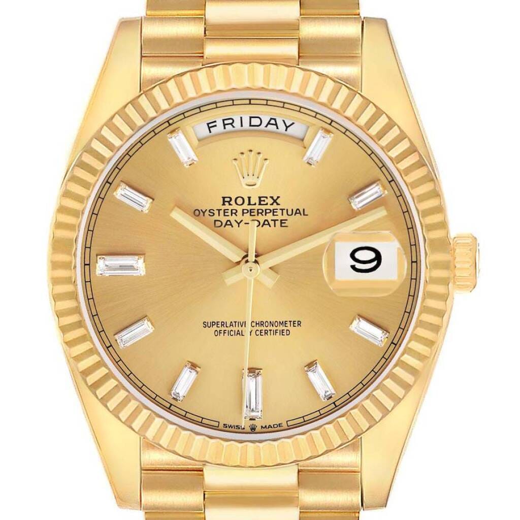 President Day-Date (Reference 228238). A 40mm yellow gold diamond-set automatic wristwatch with date and day. 2019