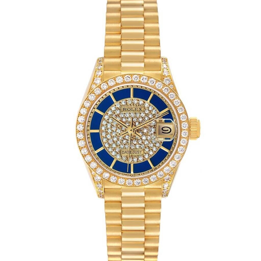 President Datejust Lapis Lazuli Dial (Reference 69158). A 26mm yellow gold diamond-set automatic wristwatch with date. 1990-1991