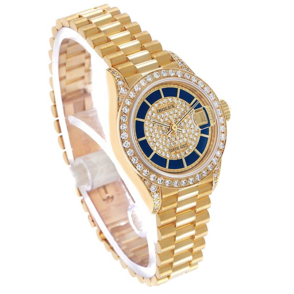 President Datejust Lapis Lazuli Dial (Reference 69158). A 26mm yellow gold diamond-set automatic wristwatch with date. 1990-1991
