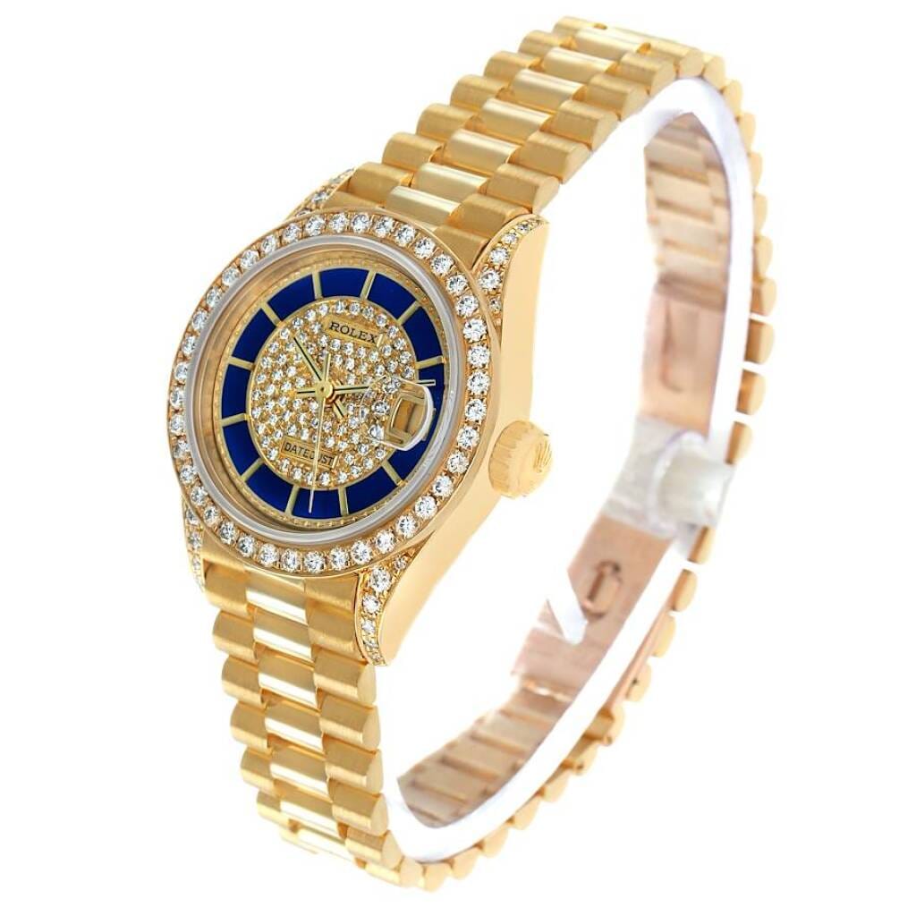 President Datejust Lapis Lazuli Dial (Reference 69158). A 26mm yellow gold diamond-set automatic wristwatch with date. 1990-1991