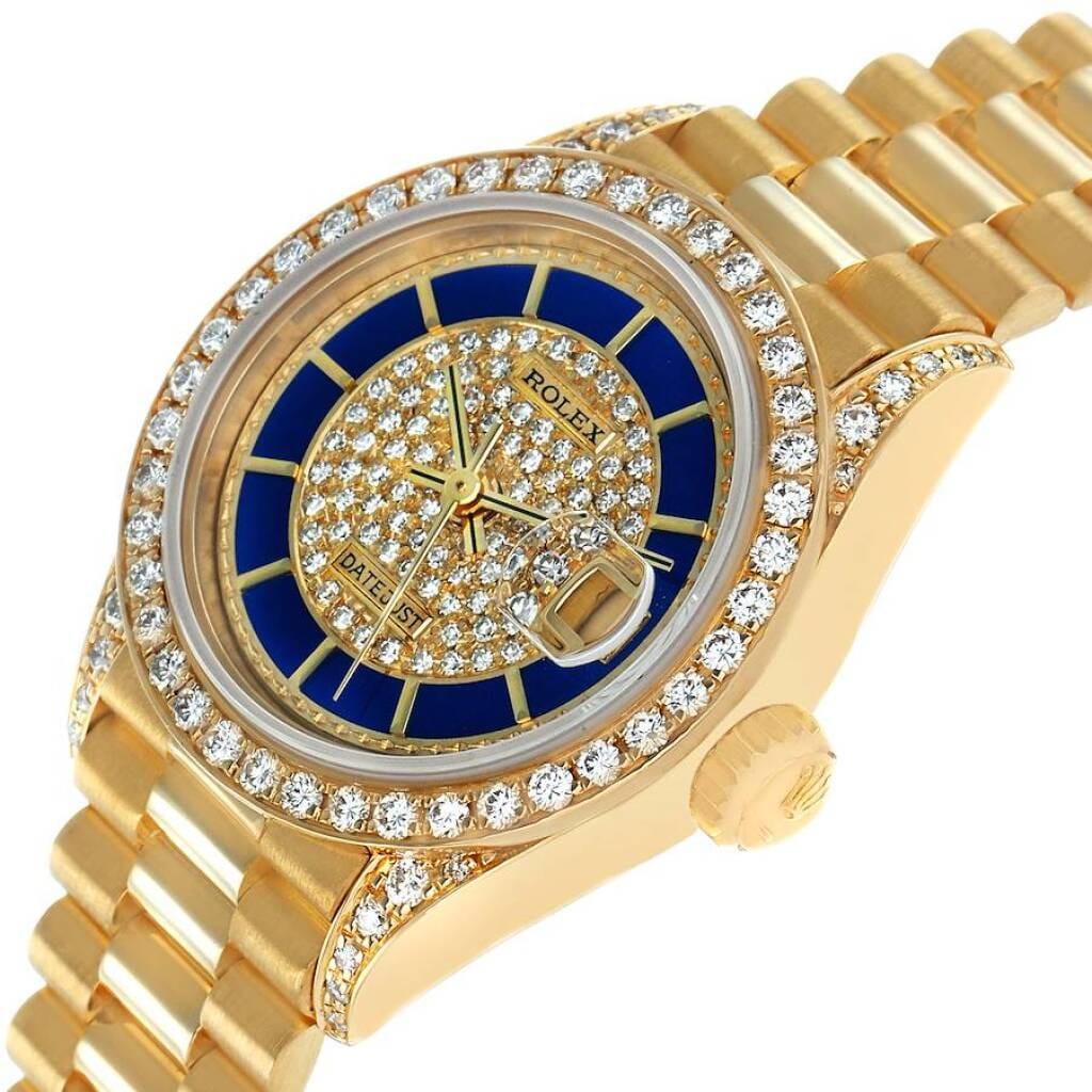 President Datejust Lapis Lazuli Dial (Reference 69158). A 26mm yellow gold diamond-set automatic wristwatch with date. 1990-1991